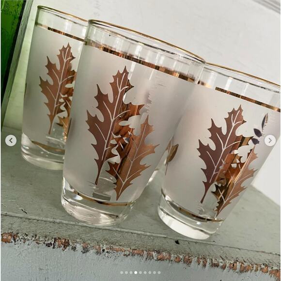 Vintage Drinking Glass Highball Frosted Gold MCM Barware Leaf Libbey Set 4 - Picture 5 of 10